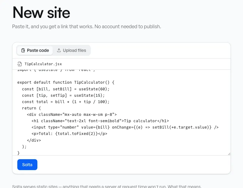Solta's New site page with a React component pasted into the Paste code tab: import lines, export default function TipCalculator, and the blue Solta button ready to press.