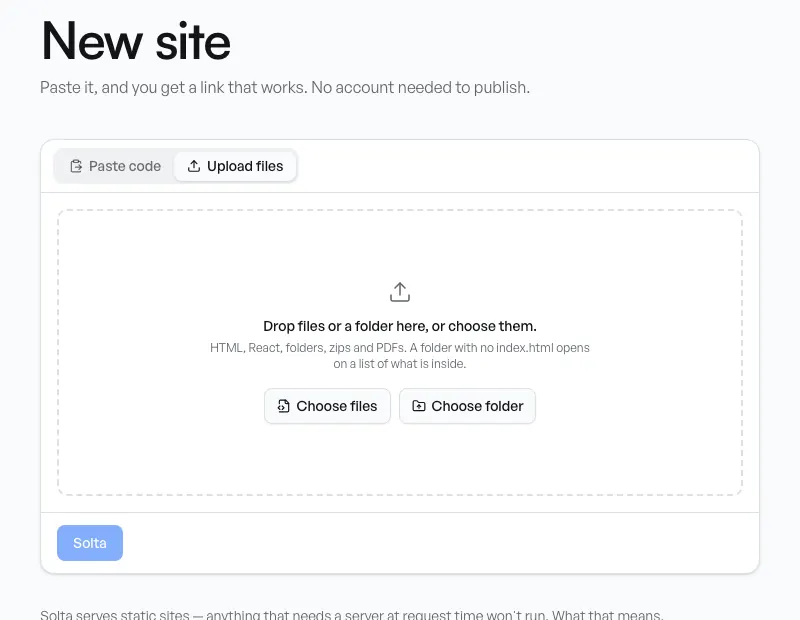 Solta's New site page with the Upload files tab open: a dashed box that says drop files or a folder here, with Choose files and Choose folder buttons.