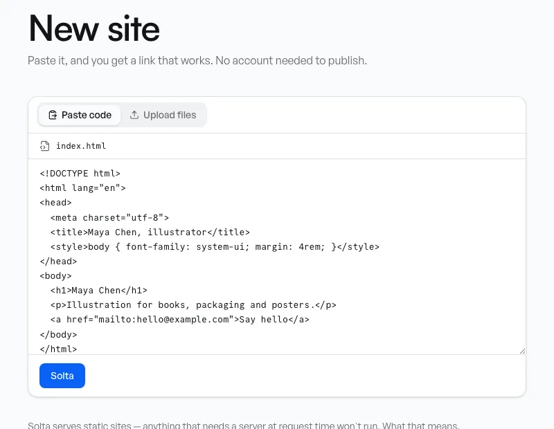The Paste code tab on Solta's New site page, with a short HTML page pasted in, the file named index.html, and the blue Solta button ready to press.