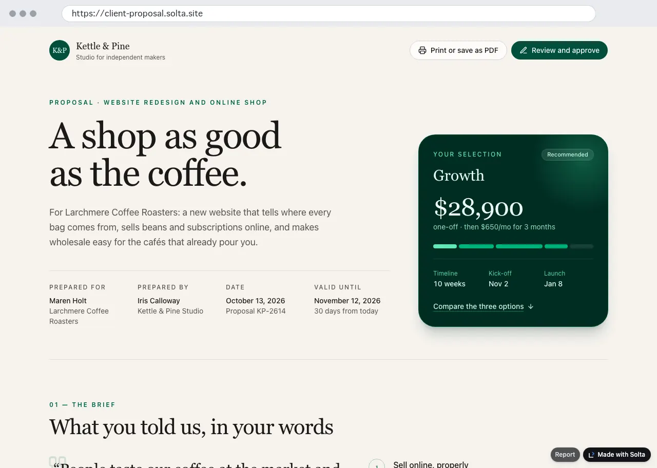 A published proposal page opened at its own address, client-proposal.solta.site, with nothing around it but a small Made with Solta mark in the corner.