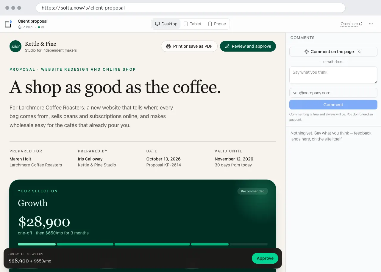 A client proposal open in Solta at solta.now/s/client-proposal, marked Public and version 1, with a Comments panel beside it.